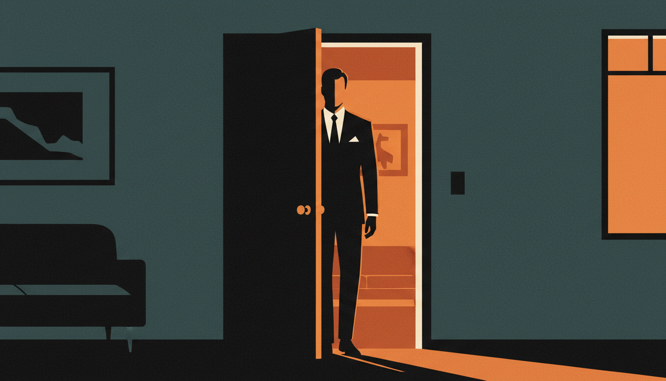 Un hombre sale de una habitacion oscura por una puerta iluminada, sin mirar atras.