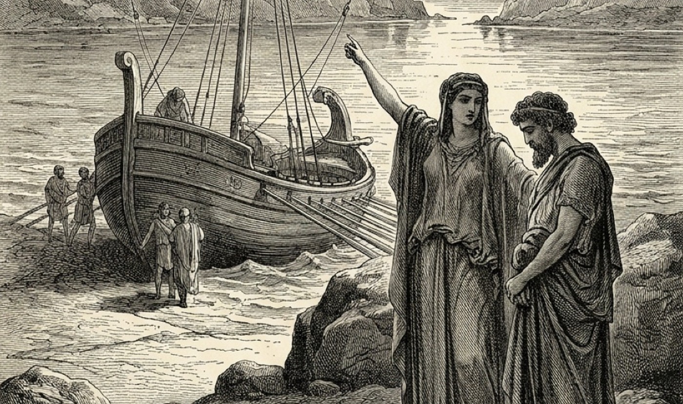 Grabado a plumilla: Circe señala el mar desde la orilla mientras Ulises la escucha cabizbajo, junto al barco varado.